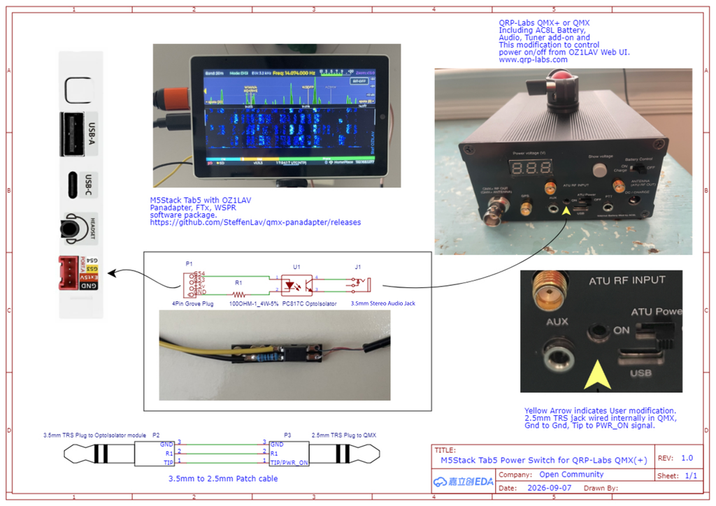 Schematic: M5Stack Tab5 power switch for QRP Labs QMX(+) — a 4-pin Grove plug on the Tab5's EXT socket feeds a 100 ohm resistor into a PC817C optoisolator, whose output drives a 3.5 mm stereo jack on the module, reaching a 2.5 mm TRS jack wired to PWR_ON and GND inside the radio through a patch lead